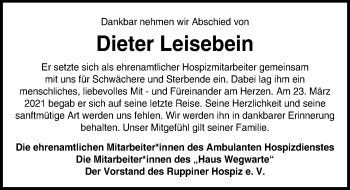 Traueranzeige von Dieter Leisebein von Märkischen Allgemeine Zeitung