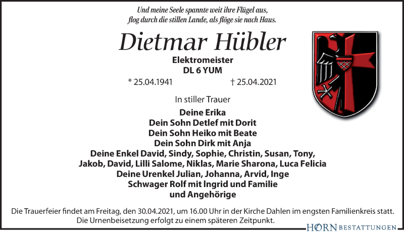  Traueranzeige für Dietmar Hübler vom 29.04.2021 aus Leipziger Volkszeitung