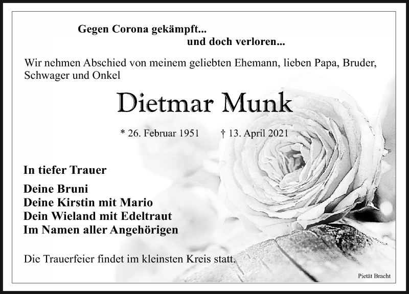  Traueranzeige für Dietmar Munk vom 17.04.2021 aus Leipziger Volkszeitung