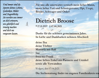 Traueranzeige von Dietrich Broose von Ostsee-Zeitung GmbH