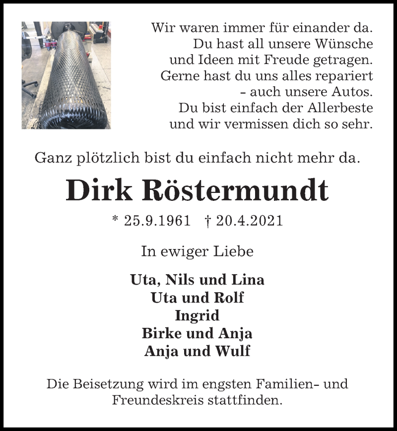  Traueranzeige für Dirk Röstermundt vom 28.04.2021 aus Peiner Allgemeine Zeitung