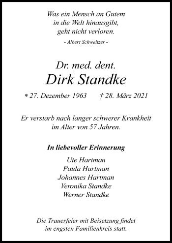Traueranzeige von Dirk Standke von Leipziger Volkszeitung