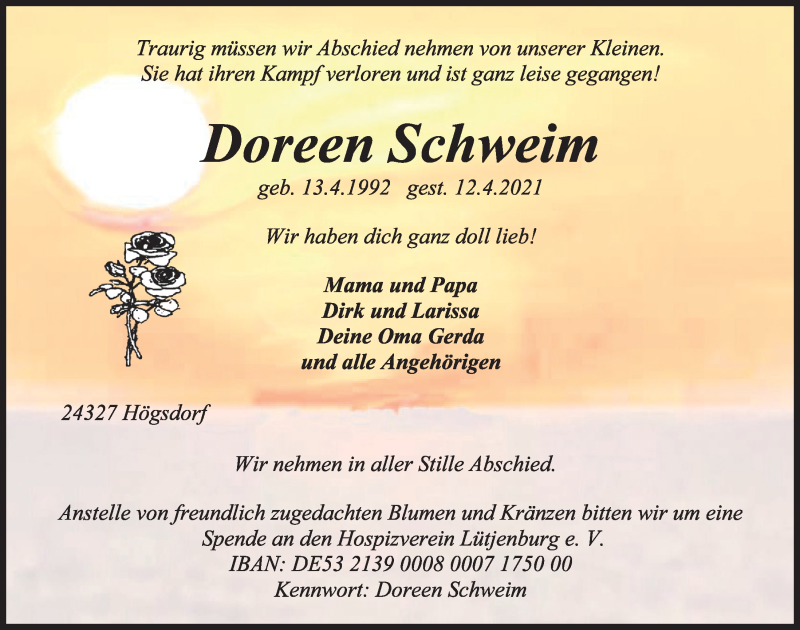  Traueranzeige für Doreen Schweim vom 17.04.2021 aus Kieler Nachrichten