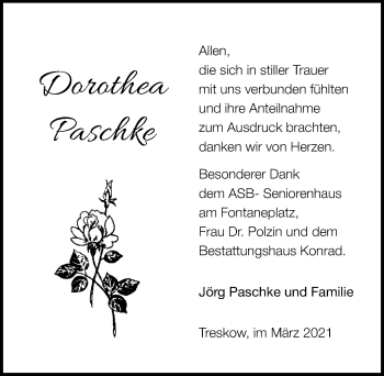 Traueranzeige von Dorothea Paschke von Märkischen Allgemeine Zeitung