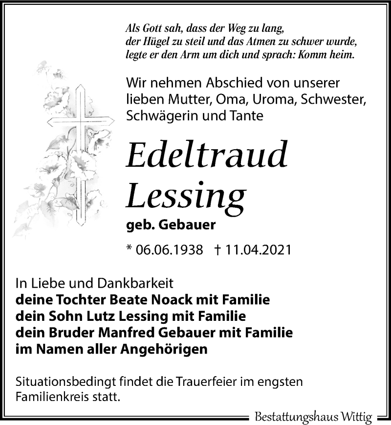  Traueranzeige für Edeltraud Lessing vom 17.04.2021 aus Leipziger Volkszeitung