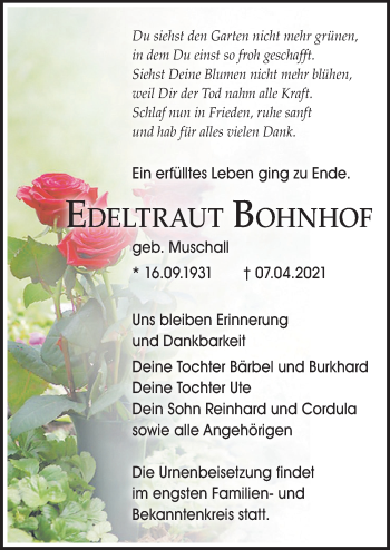 Traueranzeige von Edeltraut Bohnhof von Märkischen Allgemeine Zeitung