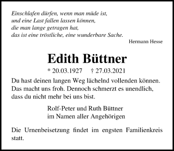 Traueranzeige von Edith Büttner von Märkischen Allgemeine Zeitung