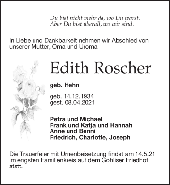 Traueranzeige von Edith Roscher von Leipziger Volkszeitung
