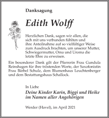 Traueranzeige von Edith Wolff von Märkischen Allgemeine Zeitung