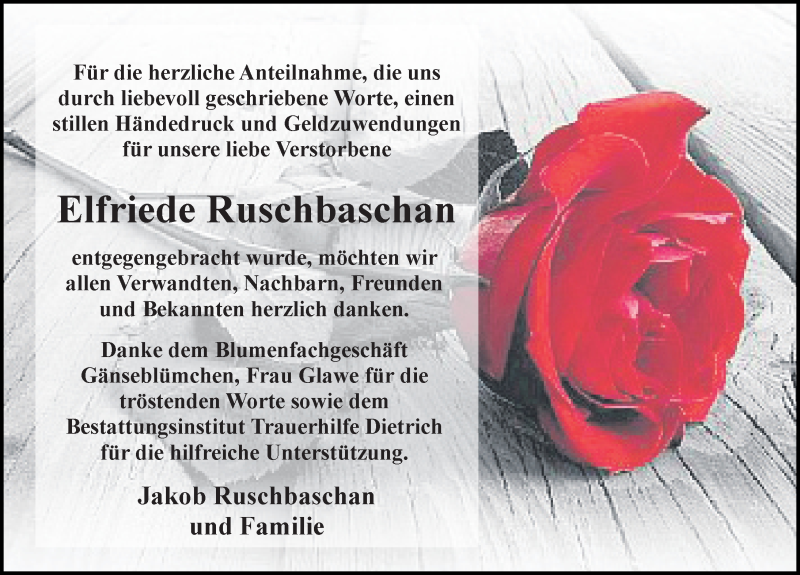  Traueranzeige für Elfriede Ruschbaschan vom 17.04.2021 aus Ostsee-Zeitung GmbH