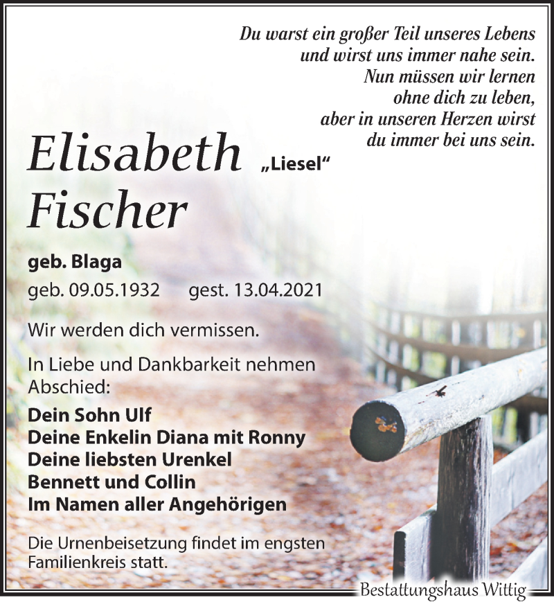  Traueranzeige für Elisabeth Fischer vom 17.04.2021 aus Leipziger Volkszeitung