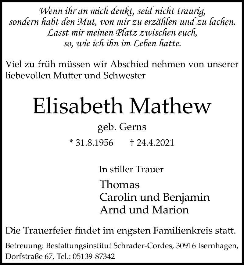  Traueranzeige für Elisabeth Mathew vom 30.04.2021 aus Hannoversche Allgemeine Zeitung/Neue Presse