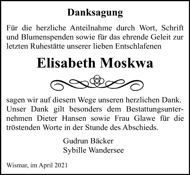  Traueranzeige für Elisabeth Moskwa vom 09.04.2021 aus Ostsee-Zeitung GmbH