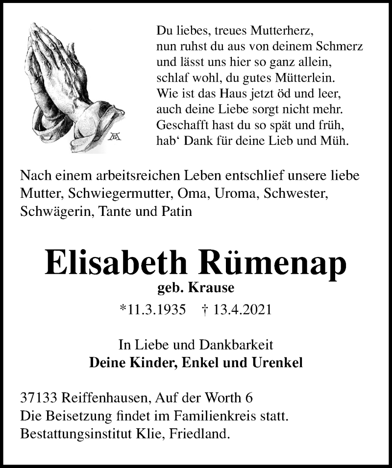  Traueranzeige für Elisabeth Rümenap vom 17.04.2021 aus Göttinger Tageblatt