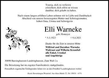 Traueranzeige von Elli Warneke von Hannoversche Allgemeine Zeitung/Neue Presse