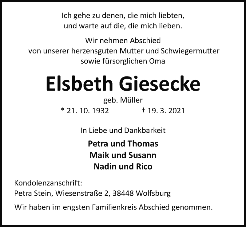  Traueranzeige für Elsbeth Giesecke vom 01.04.2021 aus Aller Zeitung
