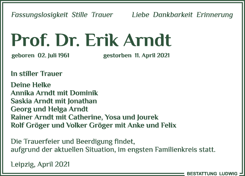  Traueranzeige für Erik Arndt vom 17.04.2021 aus Leipziger Volkszeitung