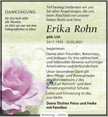 Traueranzeige von Erika Rohn von Leipziger Volkszeitung