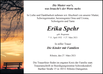 Traueranzeige von Erika Spehr von Ostsee-Zeitung GmbH