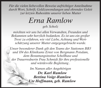 Traueranzeige von Erna Ramlow von Märkischen Allgemeine Zeitung