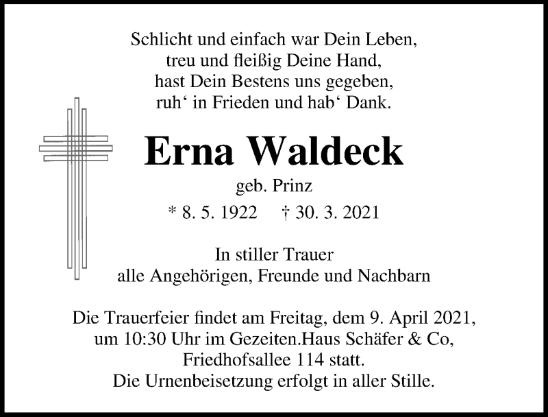  Traueranzeige für Erna Waldeck vom 04.04.2021 aus Lübecker Nachrichten