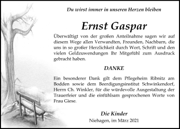 Traueranzeige von Ernst Gasgar von Ostsee-Zeitung GmbH