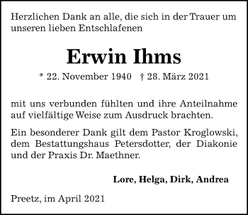 Traueranzeige von Erwin Ihms von Kieler Nachrichten