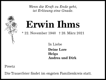 Traueranzeige von Erwin Ihms von Kieler Nachrichten