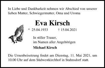 Traueranzeige von Eva Kirsch von Märkischen Allgemeine Zeitung