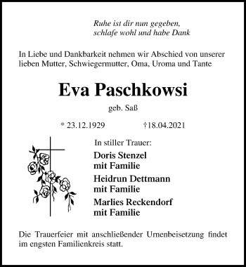 Traueranzeige von Eva Paschkowsi von Ostsee-Zeitung GmbH