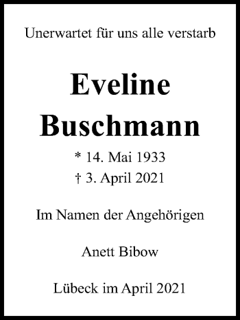 Traueranzeige von Eveline Buschmann von Lübecker Nachrichten