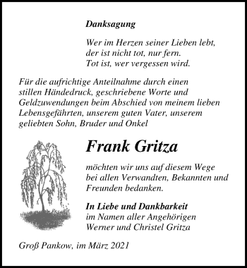 Traueranzeige von Frank Gritza von Märkischen Allgemeine Zeitung