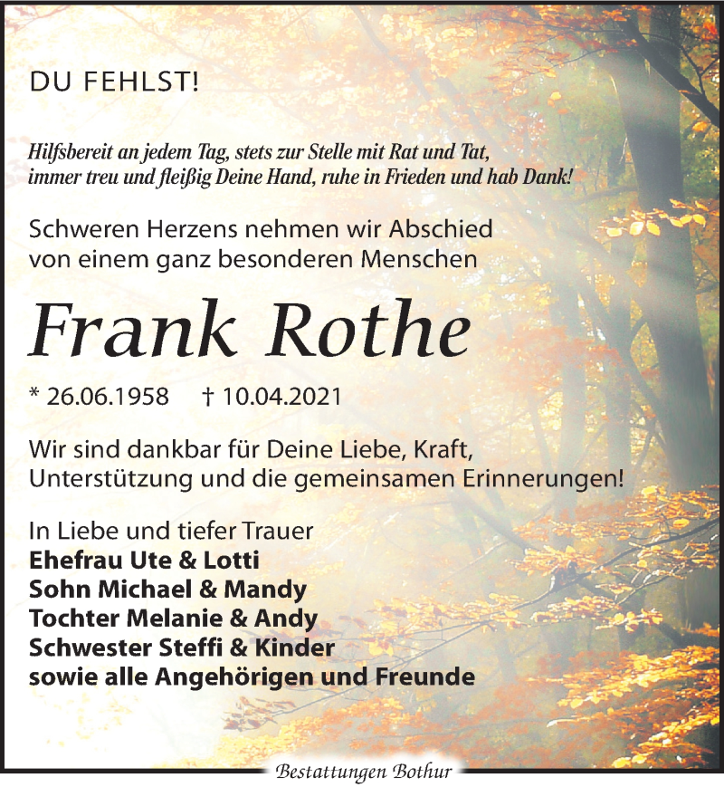  Traueranzeige für Frank Rothe vom 17.04.2021 aus Leipziger Volkszeitung