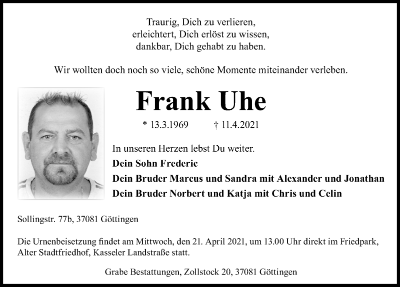  Traueranzeige für Frank Uhe vom 17.04.2021 aus Göttinger Tageblatt