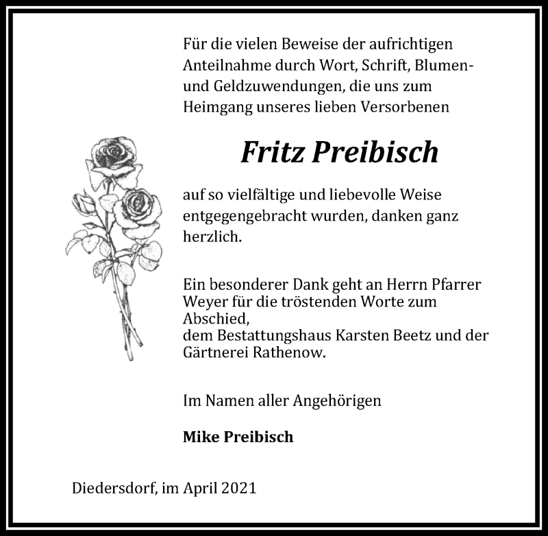  Traueranzeige für Fritz Preibisch vom 24.04.2021 aus Märkischen Allgemeine Zeitung