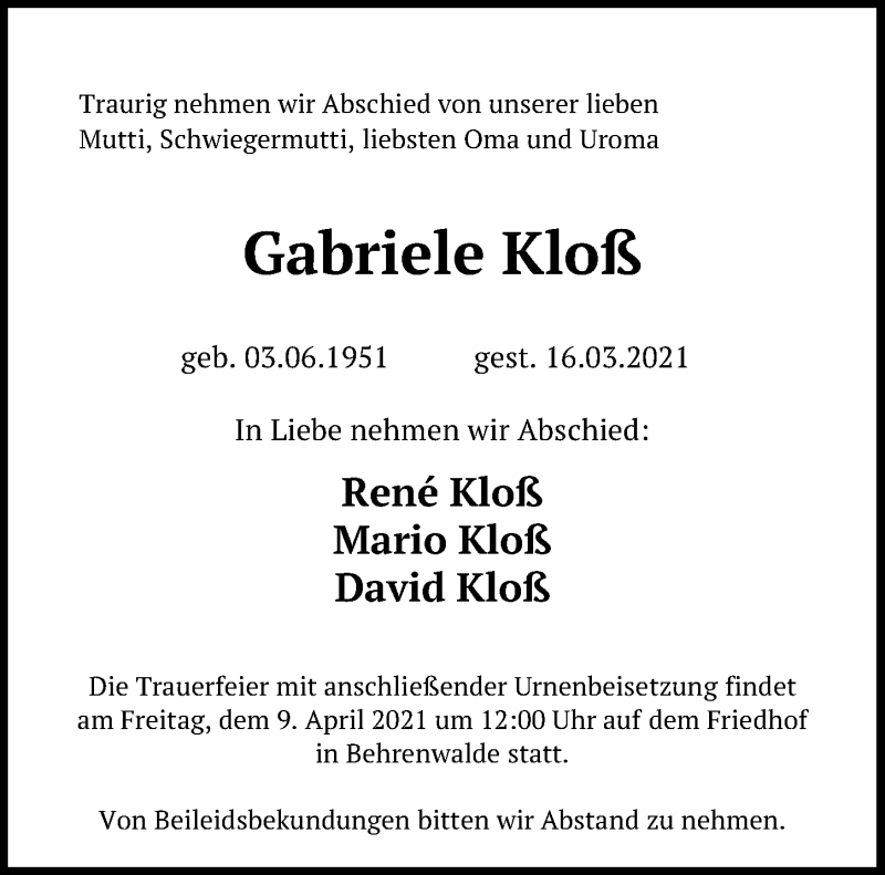  Traueranzeige für Gabriele Kloß vom 03.04.2021 aus Ostsee-Zeitung GmbH