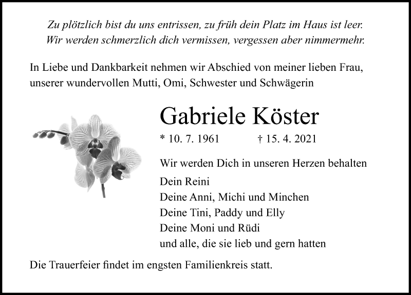  Traueranzeige für Gabriele Köster vom 24.04.2021 aus Ostsee-Zeitung GmbH