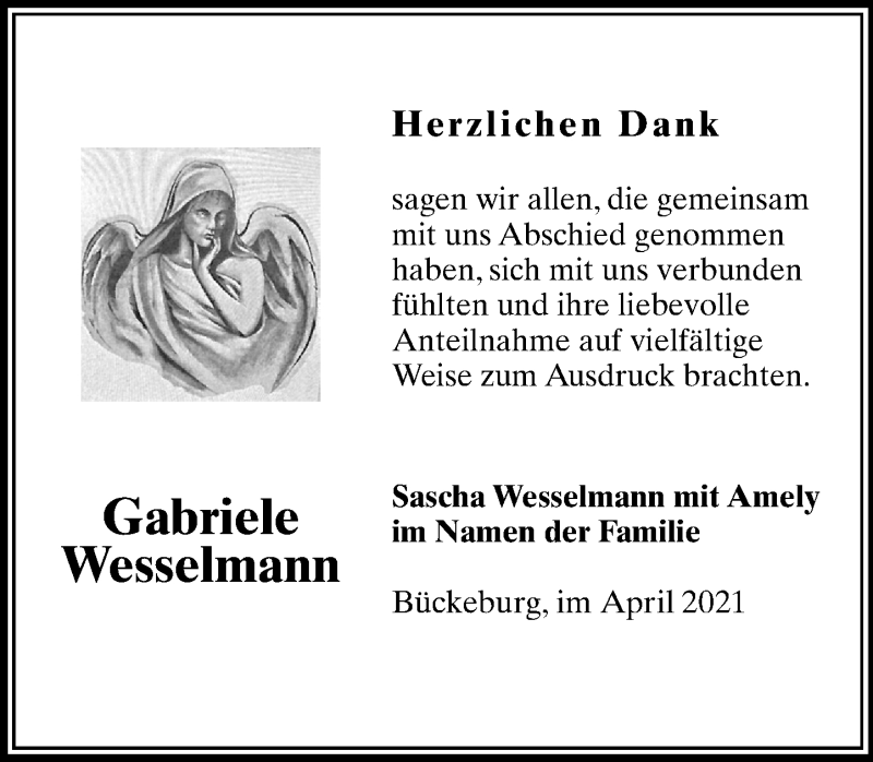  Traueranzeige für Gabriele Wesselmann vom 10.04.2021 aus Schaumburger Nachrichten