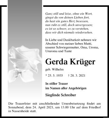Traueranzeige von Gerda Krüger von Märkischen Allgemeine Zeitung