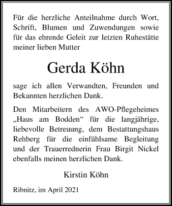 Traueranzeige von Gerda Köhn von Ostsee-Zeitung GmbH