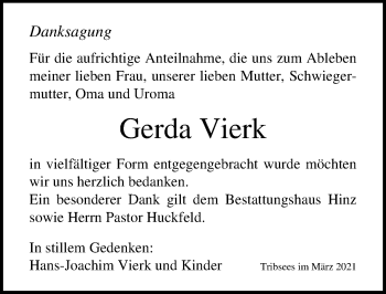 Traueranzeige von Gerda Vierk von Ostsee-Zeitung GmbH