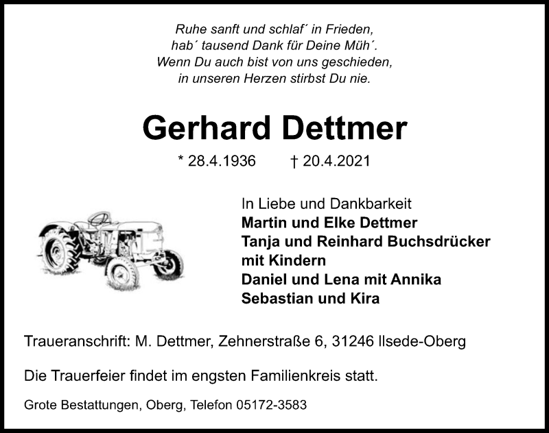  Traueranzeige für Gerhard Dettmer vom 24.04.2021 aus Peiner Allgemeine Zeitung