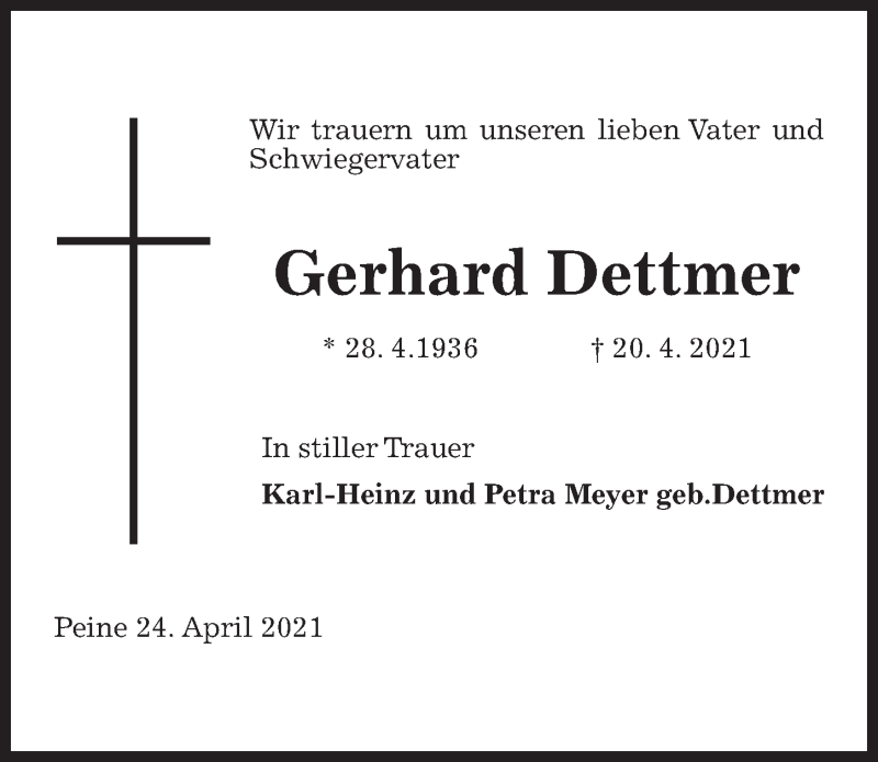  Traueranzeige für Gerhard Dettmer vom 24.04.2021 aus Peiner Allgemeine Zeitung