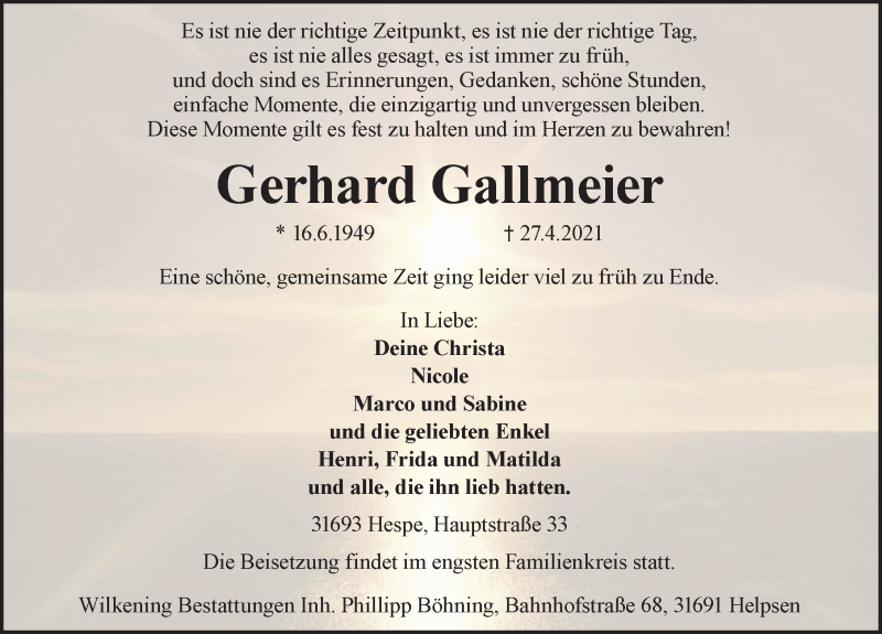  Traueranzeige für Gerhard Gallmeier vom 30.04.2021 aus Schaumburger Nachrichten