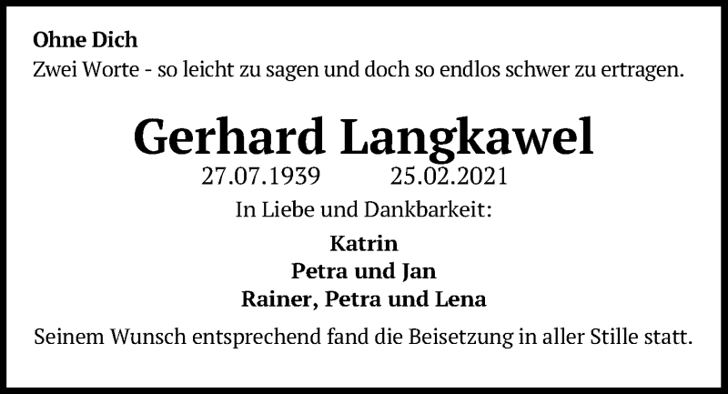  Traueranzeige für Gerhard Langkawel vom 03.04.2021 aus Kieler Nachrichten