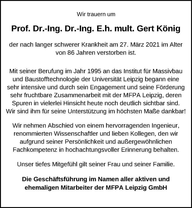  Traueranzeige für Gert König vom 10.04.2021 aus Leipziger Volkszeitung