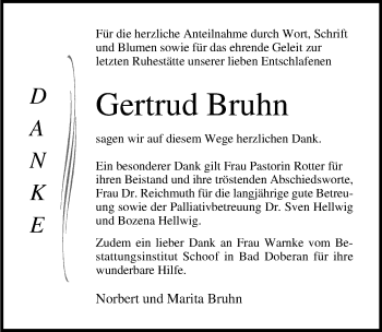 Traueranzeige von Gertrud Bruhn von Ostsee-Zeitung GmbH