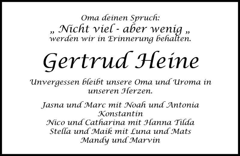  Traueranzeige für Gertrud Heine vom 11.04.2021 aus Lübecker Nachrichten