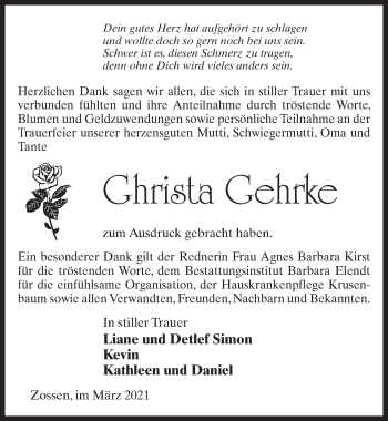 Traueranzeige von Ghrista Gehrke von Märkischen Allgemeine Zeitung