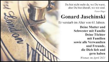 Traueranzeige von Gonard Jaschinski von Ostsee-Zeitung GmbH